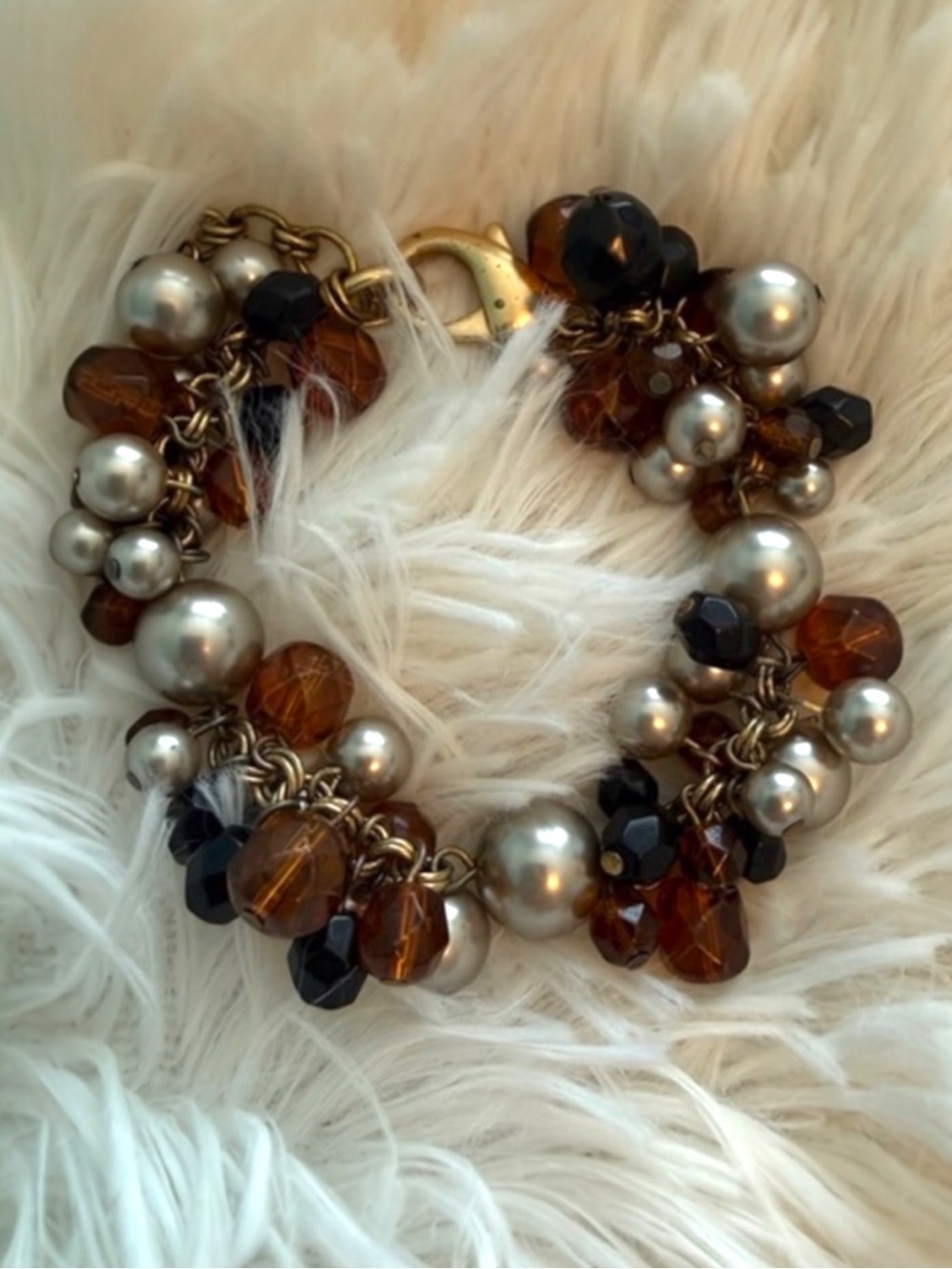 Talbots Cha Cha Bead Bracelet Amber Black Faux Pearl Gold Tone Adjustable